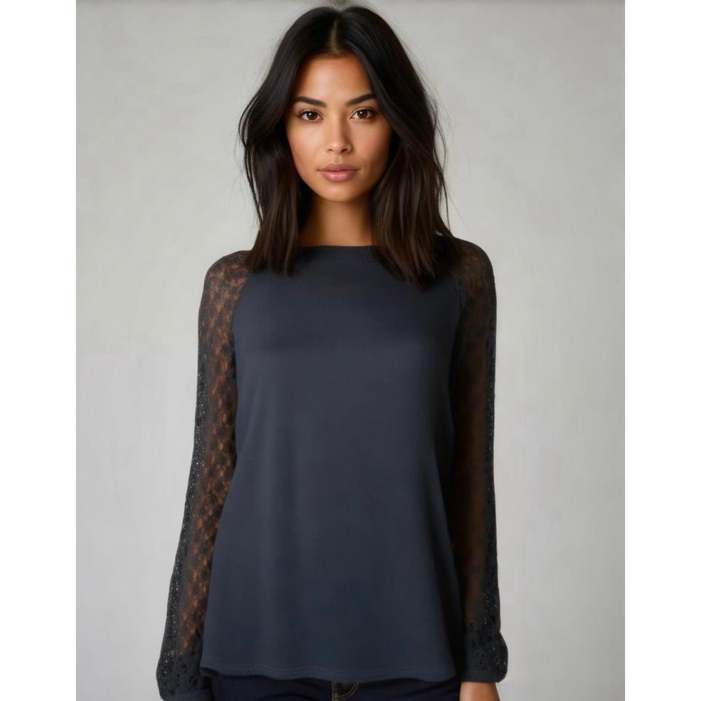 Miholl Women's Top Large Black Long Lace Sleeves Crew Neck Ribbed Knit Coquette